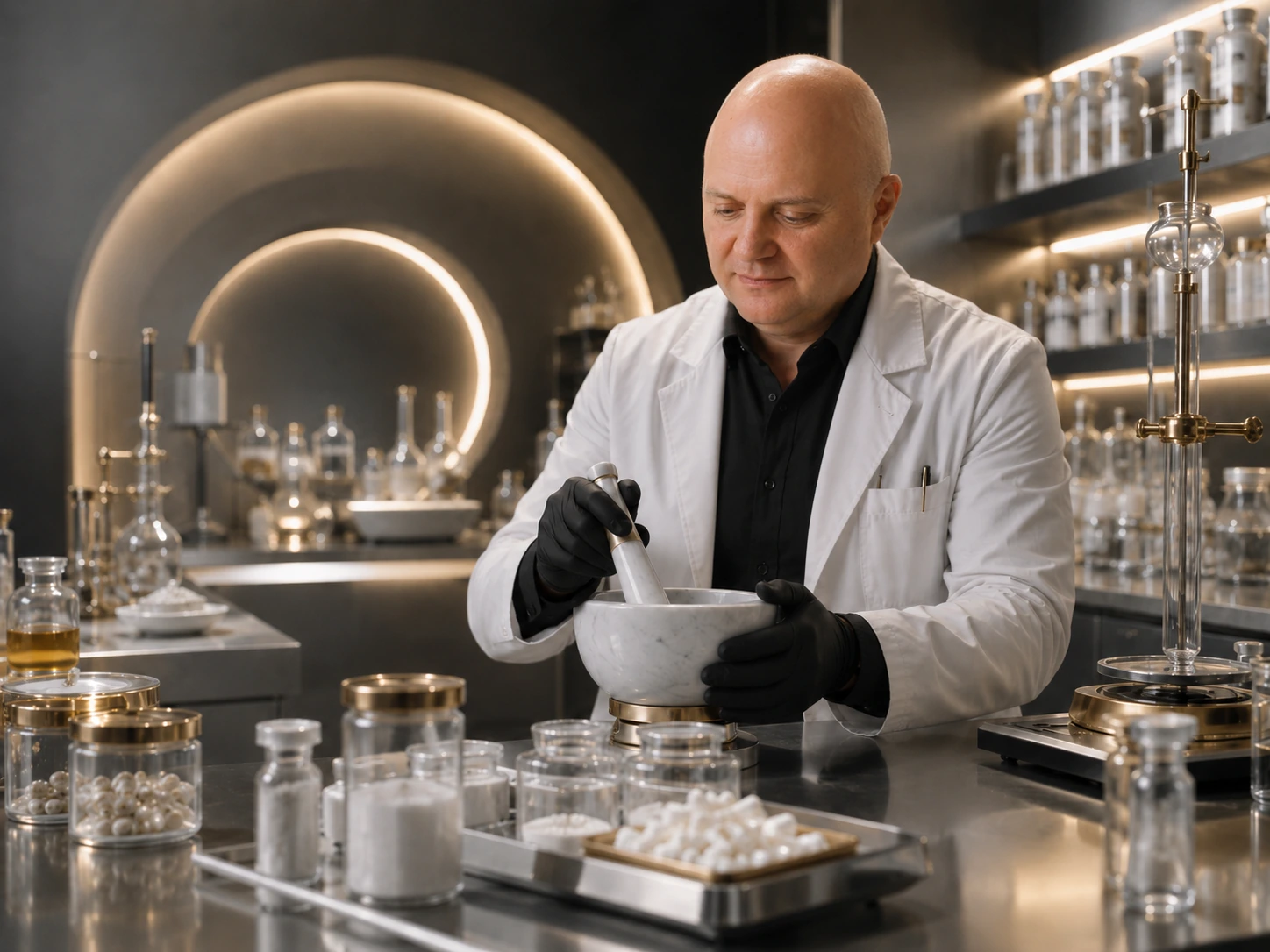 Pharmacist preparing a customized formulation in a compounding laboratory